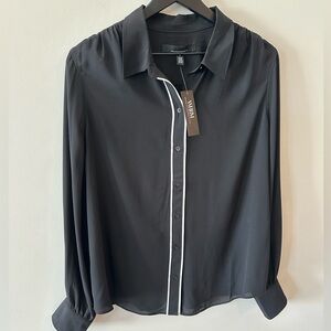 NWT White House Black Market WHBM Button Up Black Blouse White Trim, Size Large!